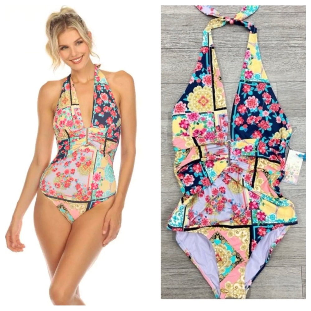 Johnny Was Multicolor Floral Patchwork Halter One-Piece Swimsuit